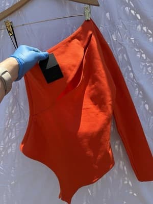 NBD Revolve Neon Orange One Shoulder Bodysuit XS Long Sleeve Bodycon Top - Thumbnail 10