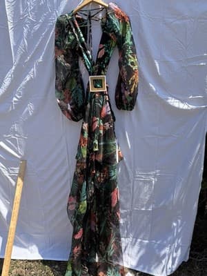 PatBO Oasis Tropical Cutout Maxi Dress Black Floral Long Sleeve Size S - Thumbnail 7