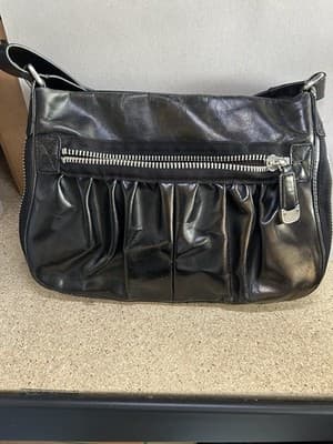 DKNY Black Leather Shoulder Bag Pleated Front Zip Pocket