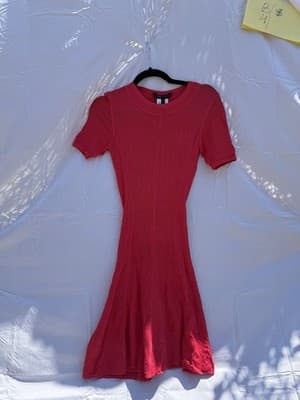 BCBGMAXAZRIA Pink Knit Fit Flare Dress XXS Short Sleeve Open Knit Mini - Thumbnail 2