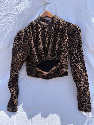 Camila Coelho Leopard Velvet Crop Top XS Puff Sleeve Animal Print Blouse - Thumbnail 9