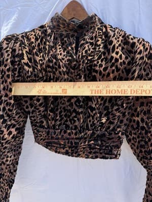 Camila Coelho Leopard Velvet Crop Top XS Puff Sleeve Animal Print Blouse - Thumbnail 7