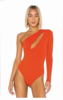 NBD Revolve Neon Orange One Shoulder Bodysuit XS Long Sleeve Bodycon Top - Thumbnail 2