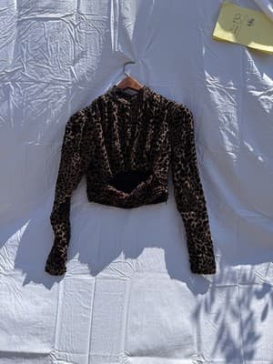 Camila Coelho Leopard Velvet Crop Top XS Puff Sleeve Animal Print Blouse - Thumbnail 10