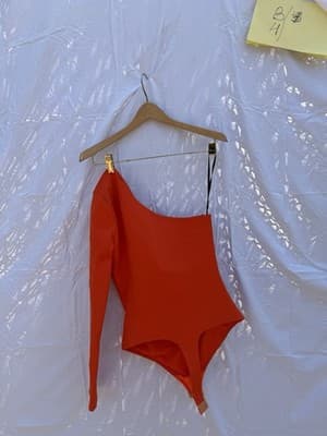 NBD Revolve Neon Orange One Shoulder Bodysuit XS Long Sleeve Bodycon Top - Thumbnail 3
