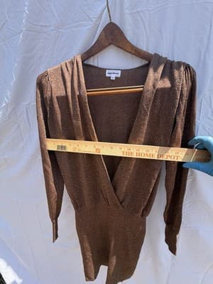 Superdown XS Brown Shimmer Deep V Mini Dress Metallic Long Sleeve Bodycon - Thumbnail 7