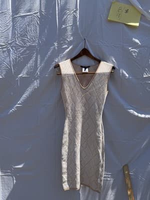 BCBGMAXAZRIA XS Beige Nude Bodycon Knit Dress Geometric Sleeveless Mini - Thumbnail 2
