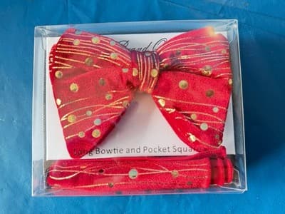 Men’s Red Gold Pre Tied Bow Tie Pocket Square Cummerbund Set NIB