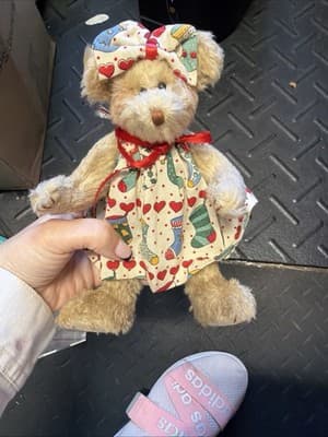 Vintage Mini Teddy Bear Plush in Handmade Heart & Stocking Dress with Bow - Thumbnail 5
