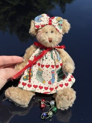 Vintage Mini Teddy Bear Plush in Handmade Heart & Stocking Dress with Bow