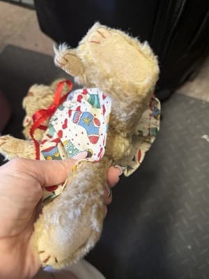 Vintage Mini Teddy Bear Plush in Handmade Heart & Stocking Dress with Bow - Thumbnail 4