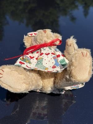 Vintage Mini Teddy Bear Plush in Handmade Heart & Stocking Dress with Bow - Thumbnail 3