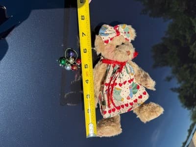 Vintage Mini Teddy Bear Plush in Handmade Heart & Stocking Dress with Bow - Thumbnail 2