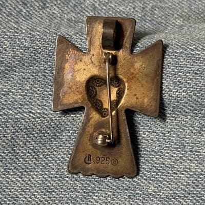 Vintage 925 Sterling Silver Angel Brooch Pin Heart Wings Southwestern - Thumbnail 3