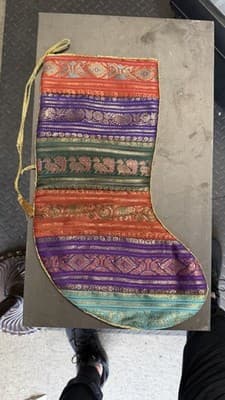 Sudha Silk Christmas Stocking Peacock Woven India Red Lined Holiday Decor - Thumbnail 2
