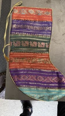 Sudha Silk Christmas Stocking Peacock Woven India Red Lined Holiday Decor - Thumbnail 3