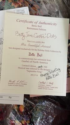 Betty Jane Carter Mrs Bountiful Harvest Doll Bette Ball COA LE 407/500 - Thumbnail 5