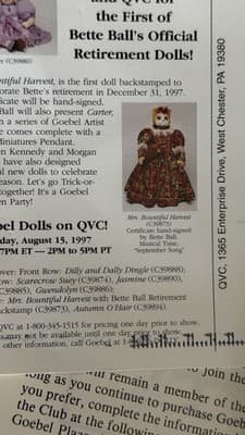Betty Jane Carter Mrs Bountiful Harvest Doll Bette Ball COA LE 407/500 - Thumbnail 4