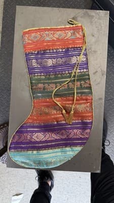 Sudha Silk Christmas Stocking Peacock Woven India Red Lined Holiday Decor