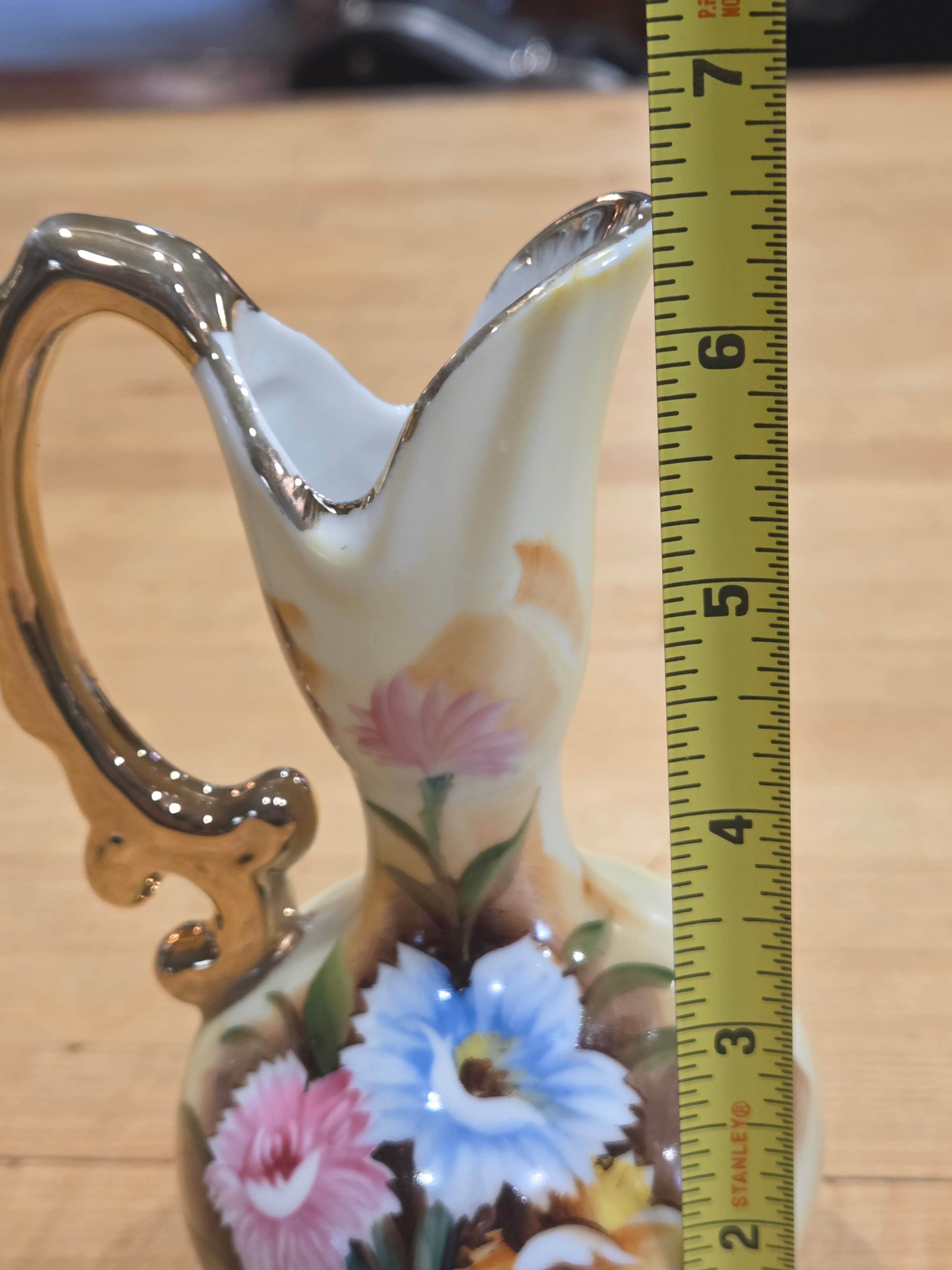 Vintage Lefton China Miniature Floral Ewer Pitcher Gold Handle E1348 - Thumbnail 5