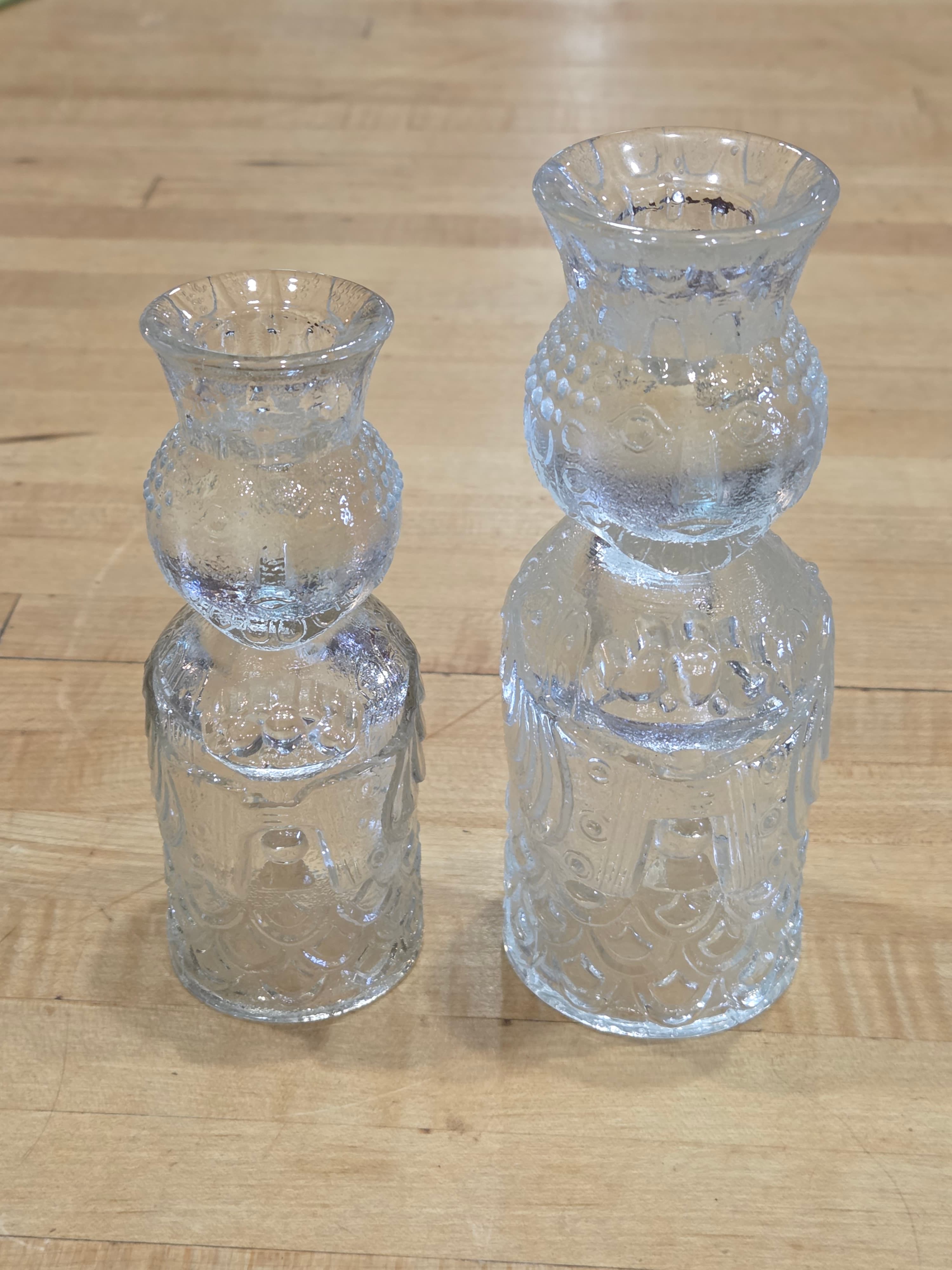 Vintage Scandinavian Textured Ice Glass King & Queen Taper Candlestick Holders