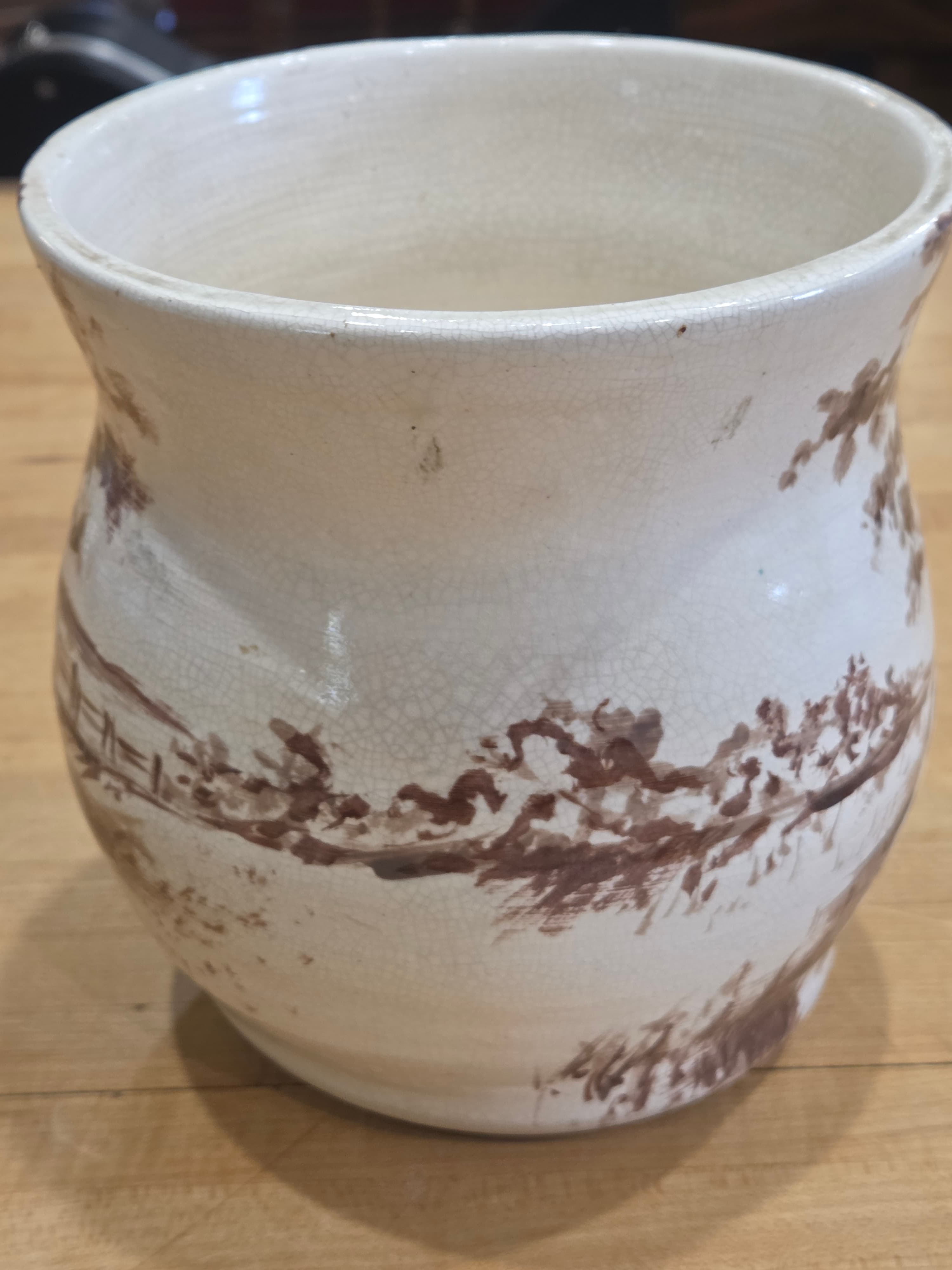 Vintage Hand Painted Country Farm Landscape Crazed Ceramic Planter Cachepot - Thumbnail 3