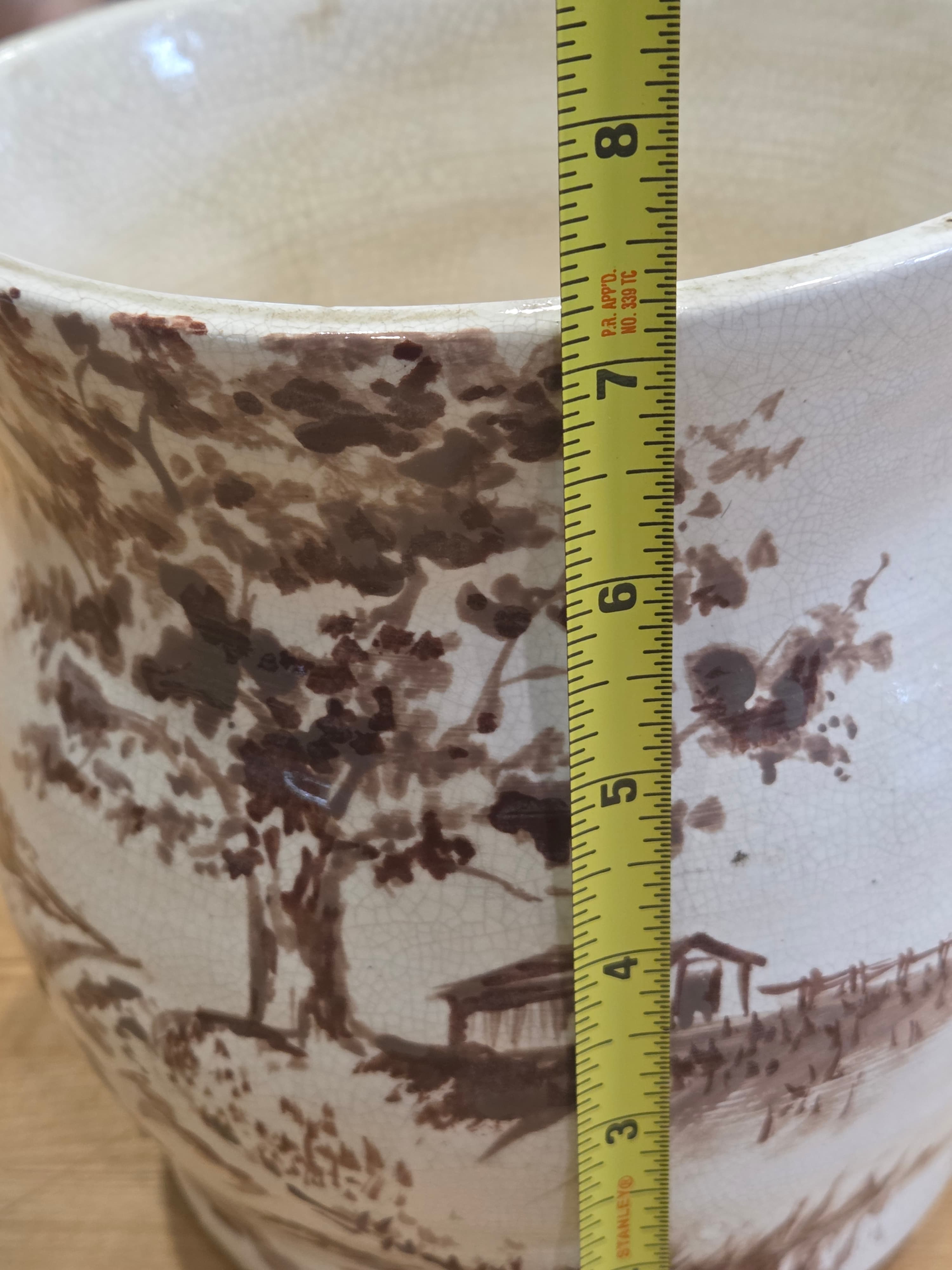 Vintage Hand Painted Country Farm Landscape Crazed Ceramic Planter Cachepot - Thumbnail 6