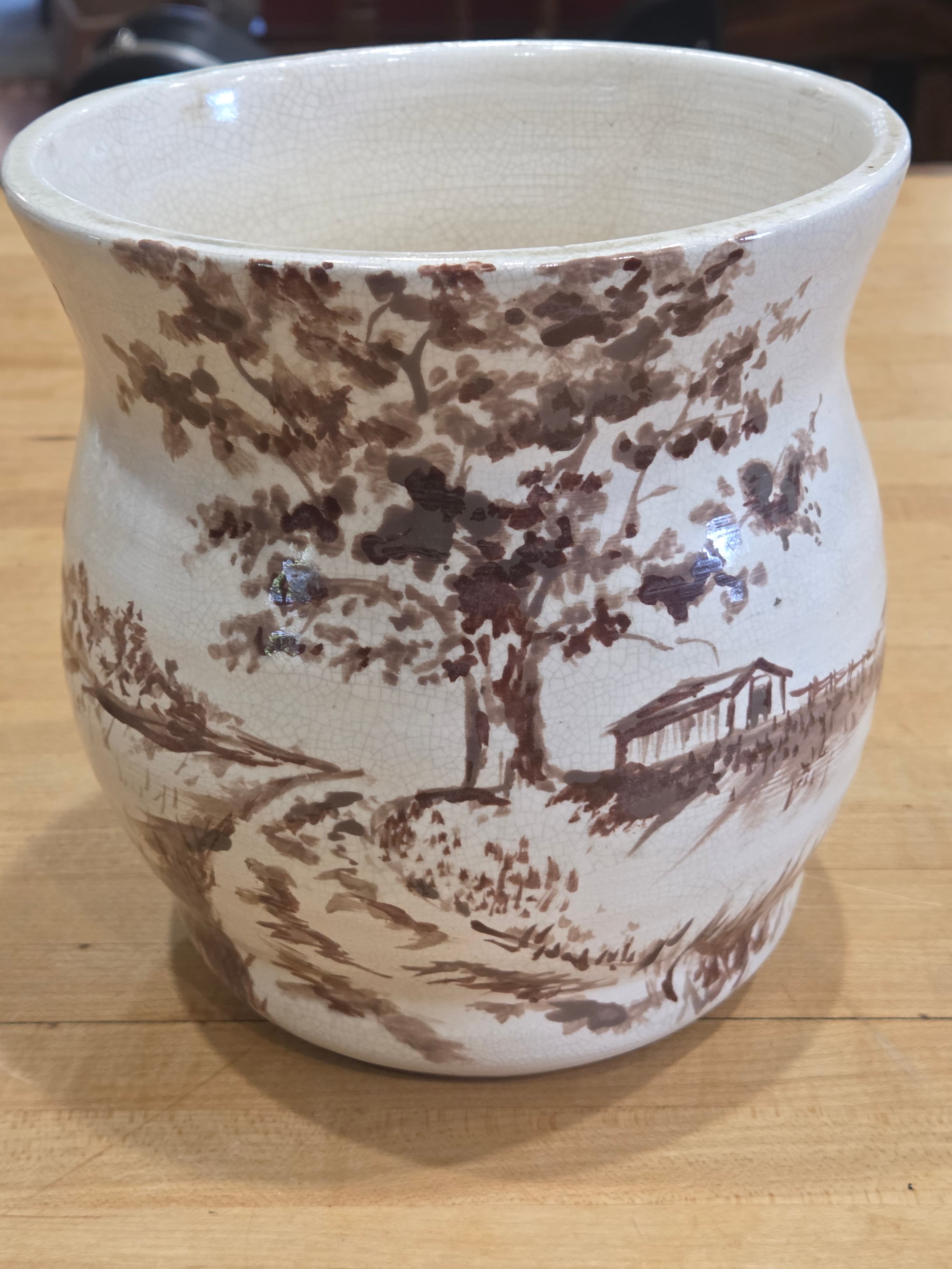 Vintage Hand Painted Country Farm Landscape Crazed Ceramic Planter Cachepot