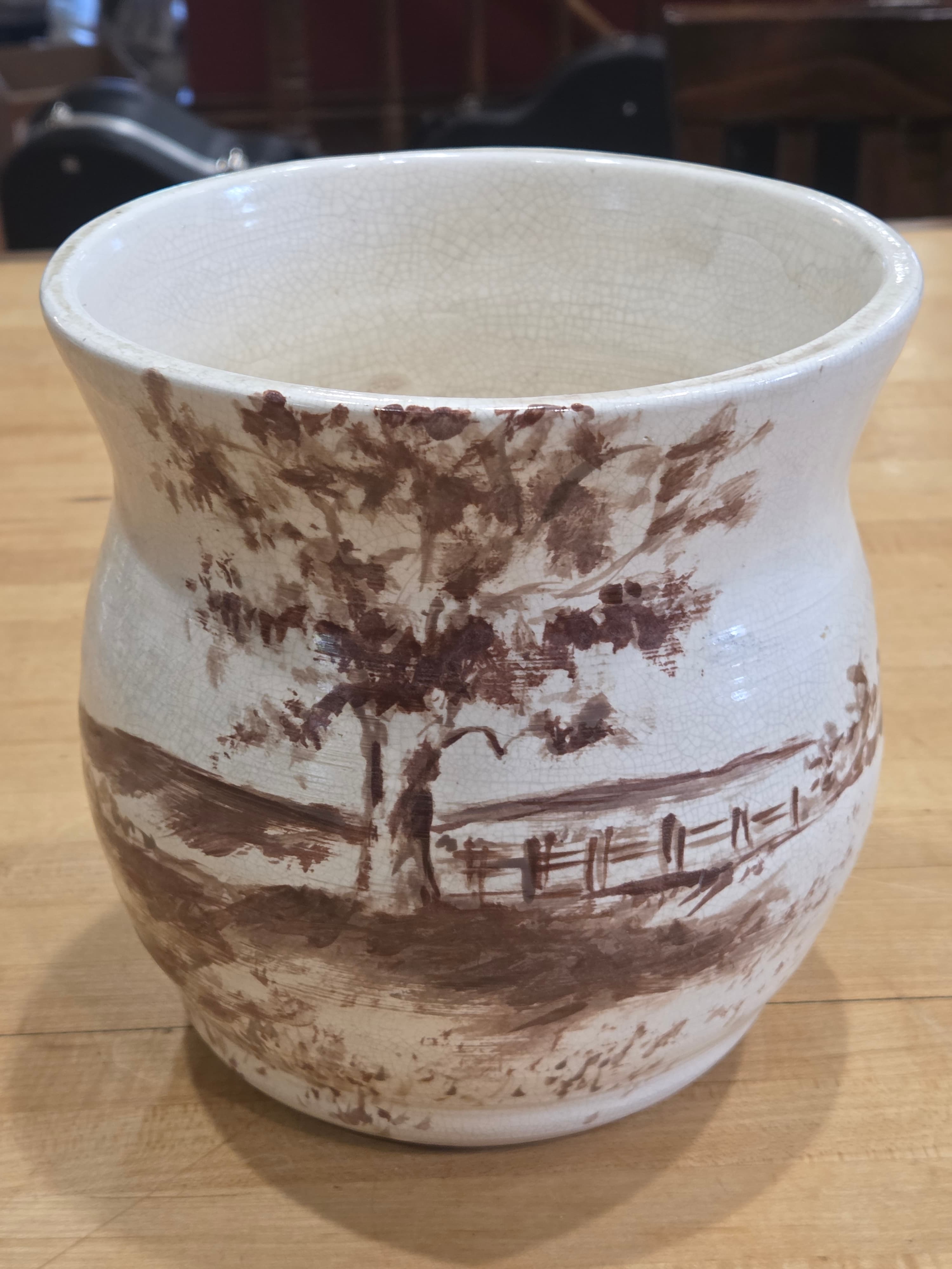 Vintage Hand Painted Country Farm Landscape Crazed Ceramic Planter Cachepot - Thumbnail 2