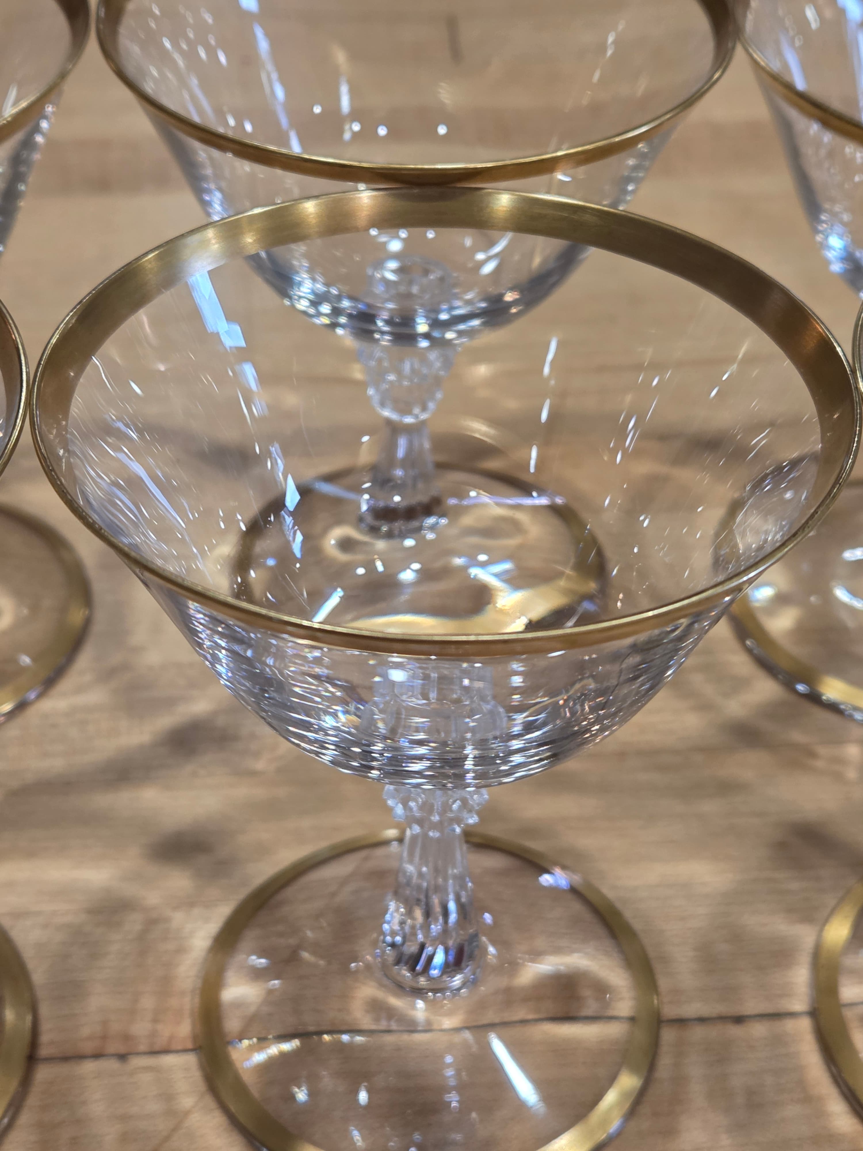 Vintage Mid Century Gold Rim Crystal Champagne Coupe Cocktail Glasses Set of 6 - Thumbnail 3