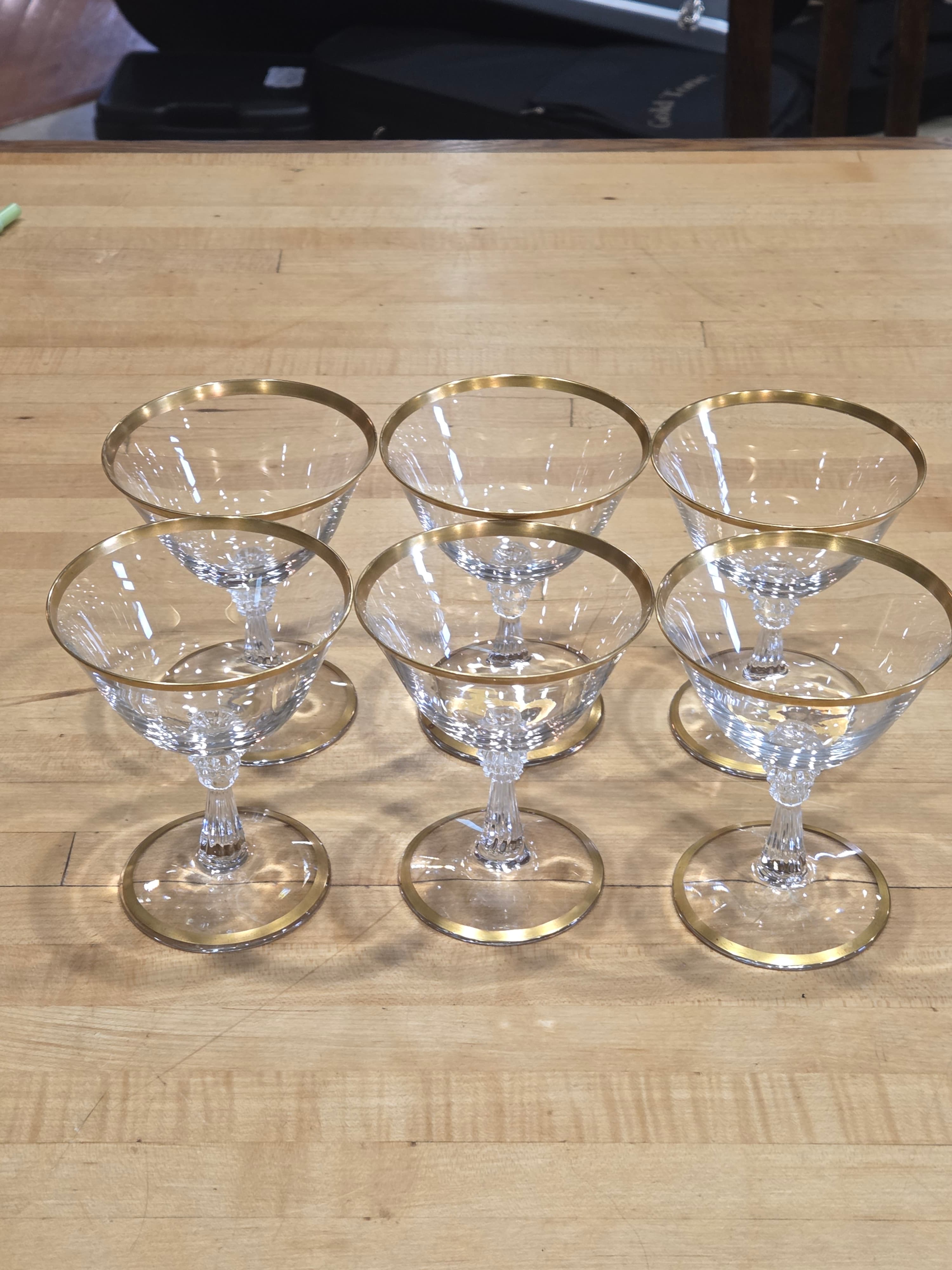 Vintage Mid Century Gold Rim Crystal Champagne Coupe Cocktail Glasses Set of 6
