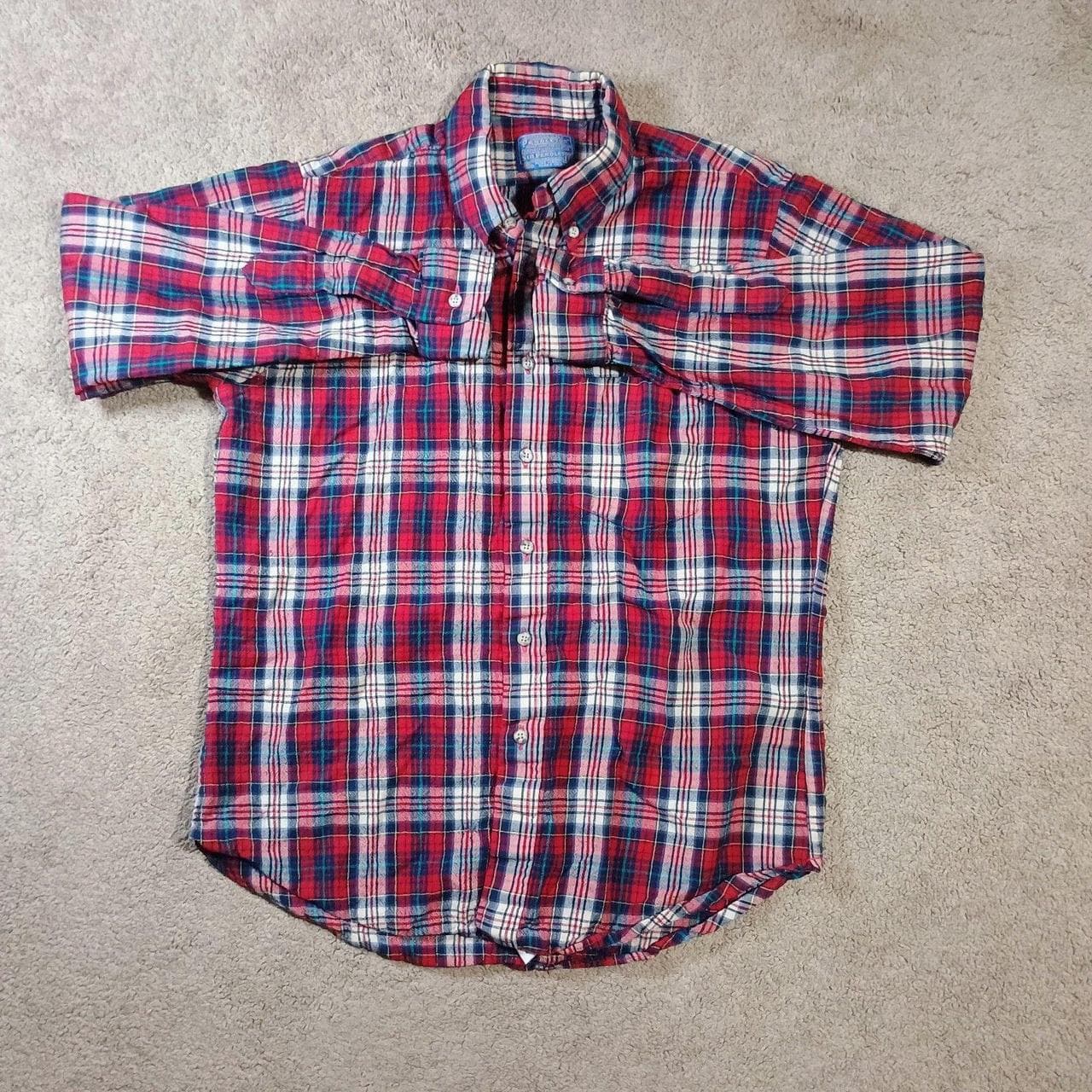 PENDLETON WOOL FLANNEL SHIRT WOMANS LARGE RED /WHITE CHECK LONG SLEEVE BUTTON UP - Thumbnail 2