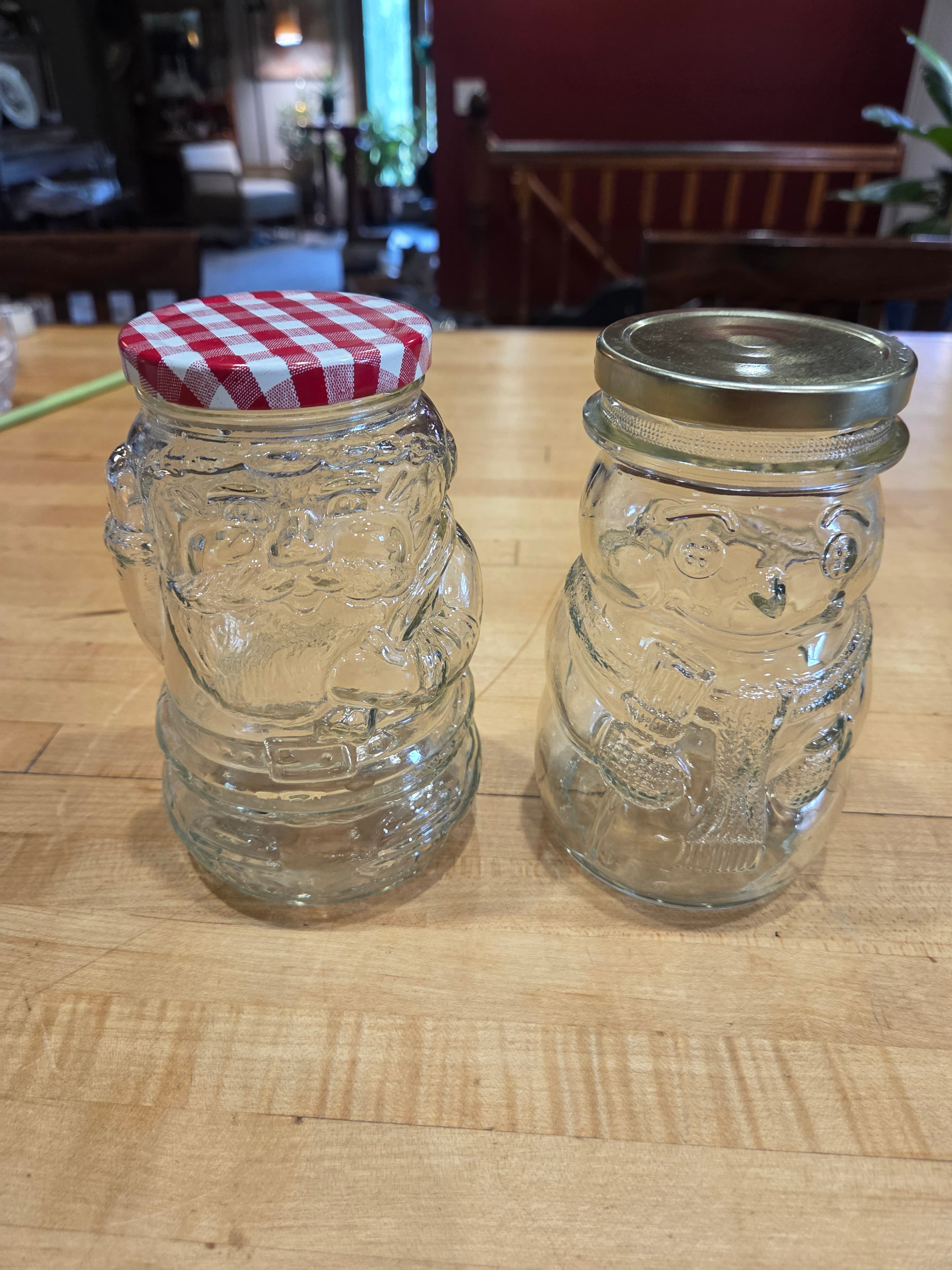 Vintage Welchs Jelly Holiday Jars Santa and Snowman Molded Clear Glass Set of 2