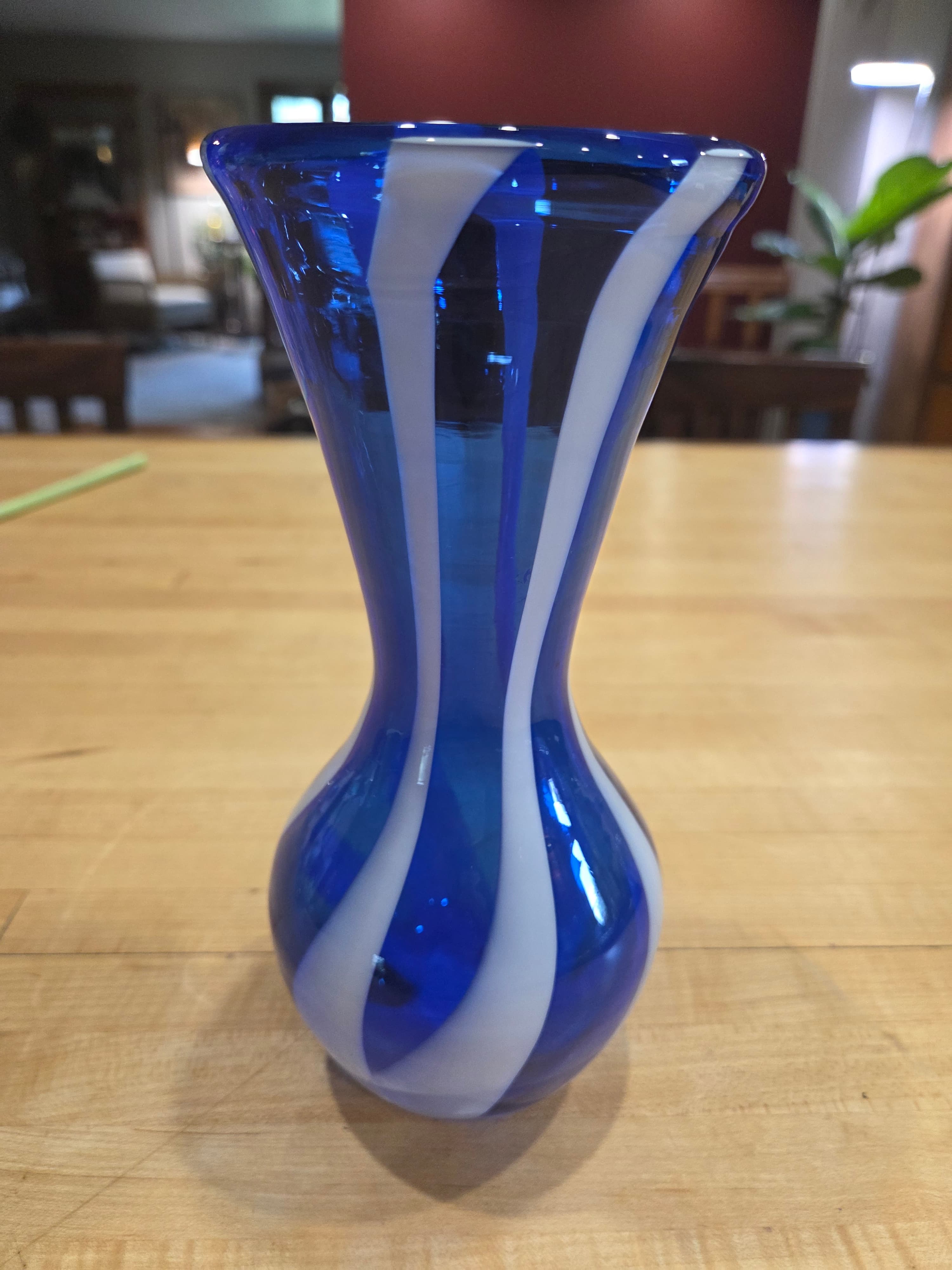 Vintage Cobalt Blue and White Swirl Hand Blown Art Glass 8 Inch Hourglass Vase