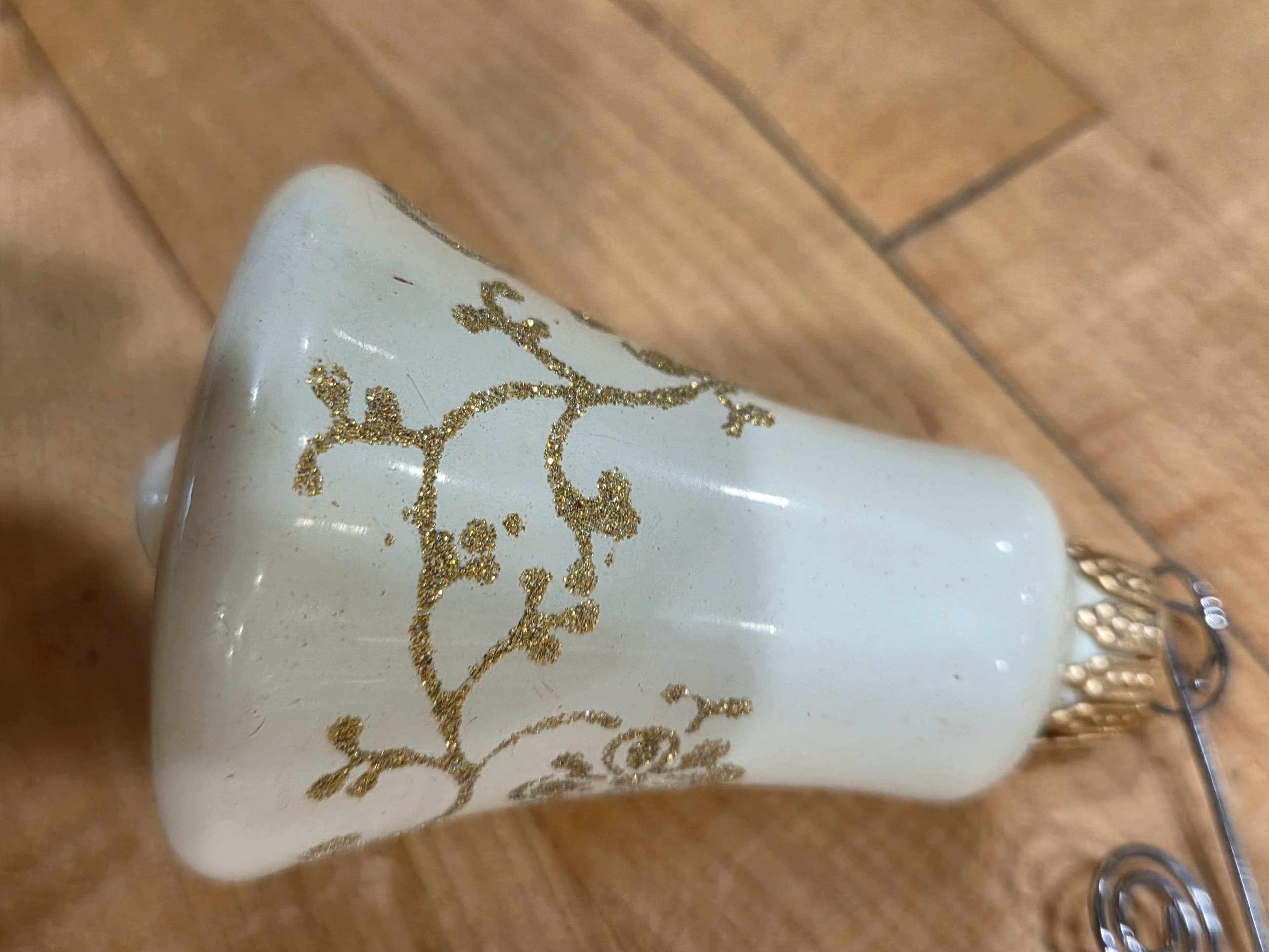 Vintage West Germany Milk Glass Bell Ornament with Wildflower Decal & Gold - Thumbnail 4