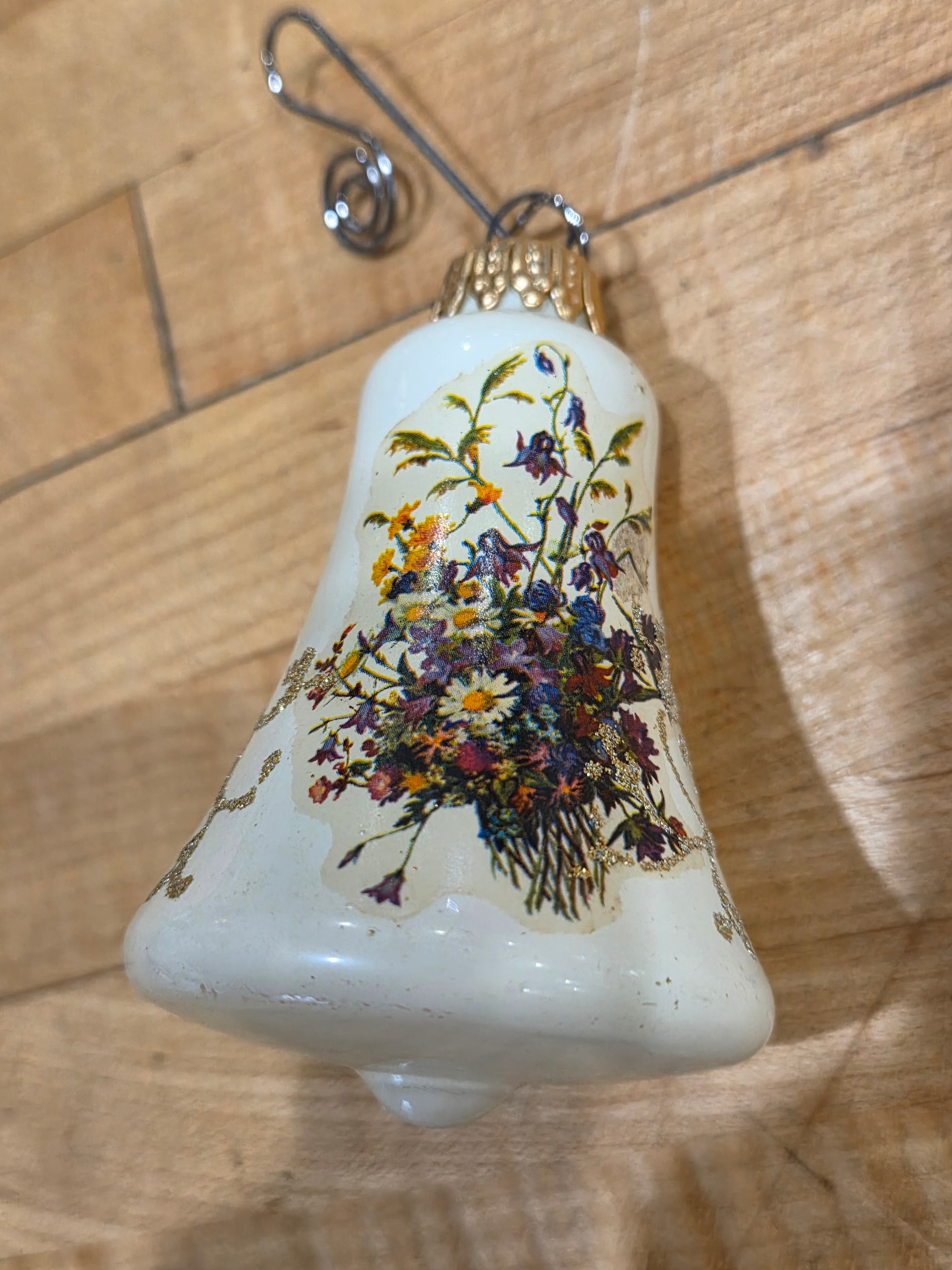 Vintage West Germany Milk Glass Bell Ornament with Wildflower Decal & Gold