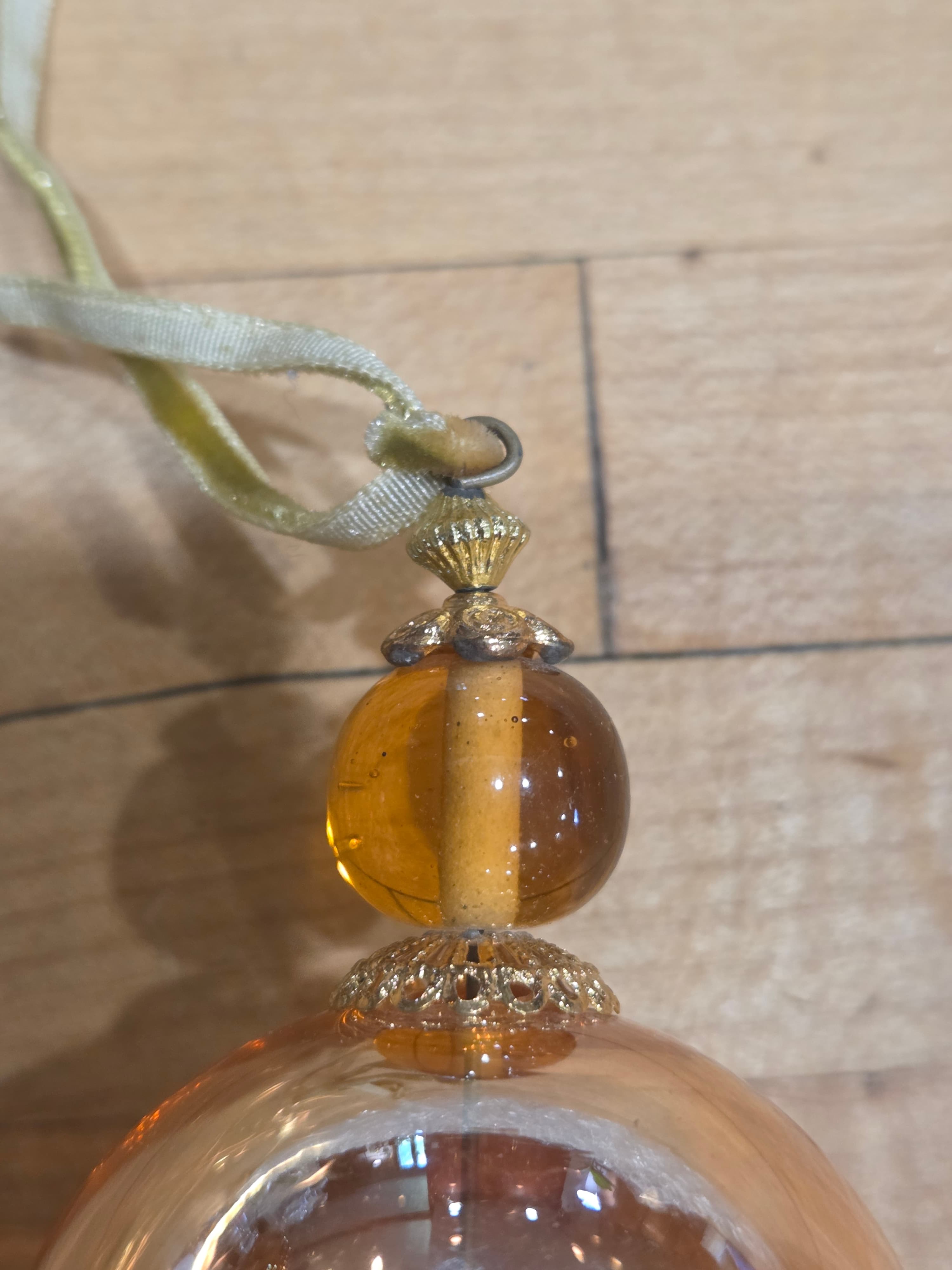 Vintage Amber Glass Beaded Icicle Ornament Metal Filigree Finial Teardrop Drop - Thumbnail 2