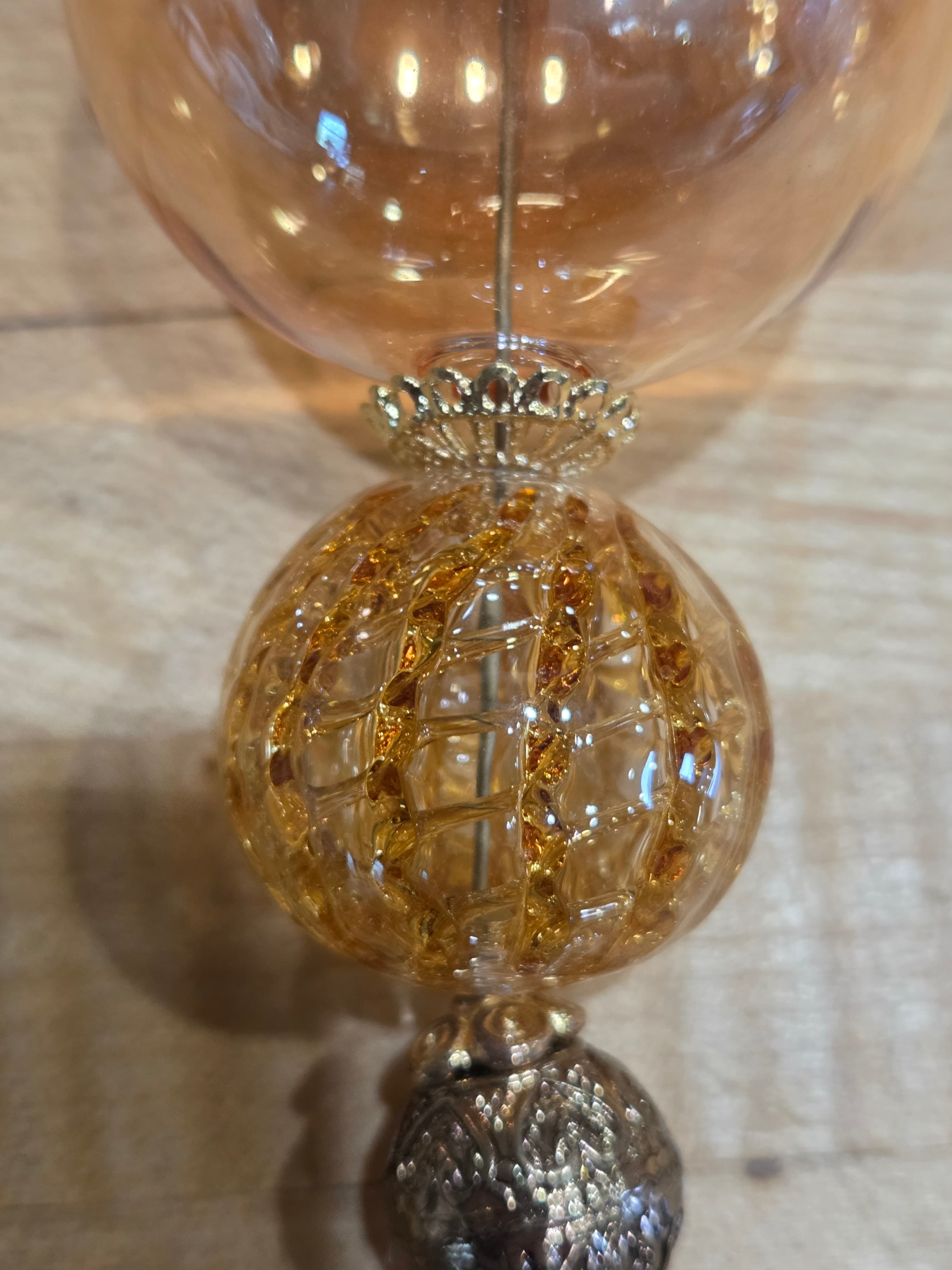 Vintage Amber Glass Beaded Icicle Ornament Metal Filigree Finial Teardrop Drop - Thumbnail 4