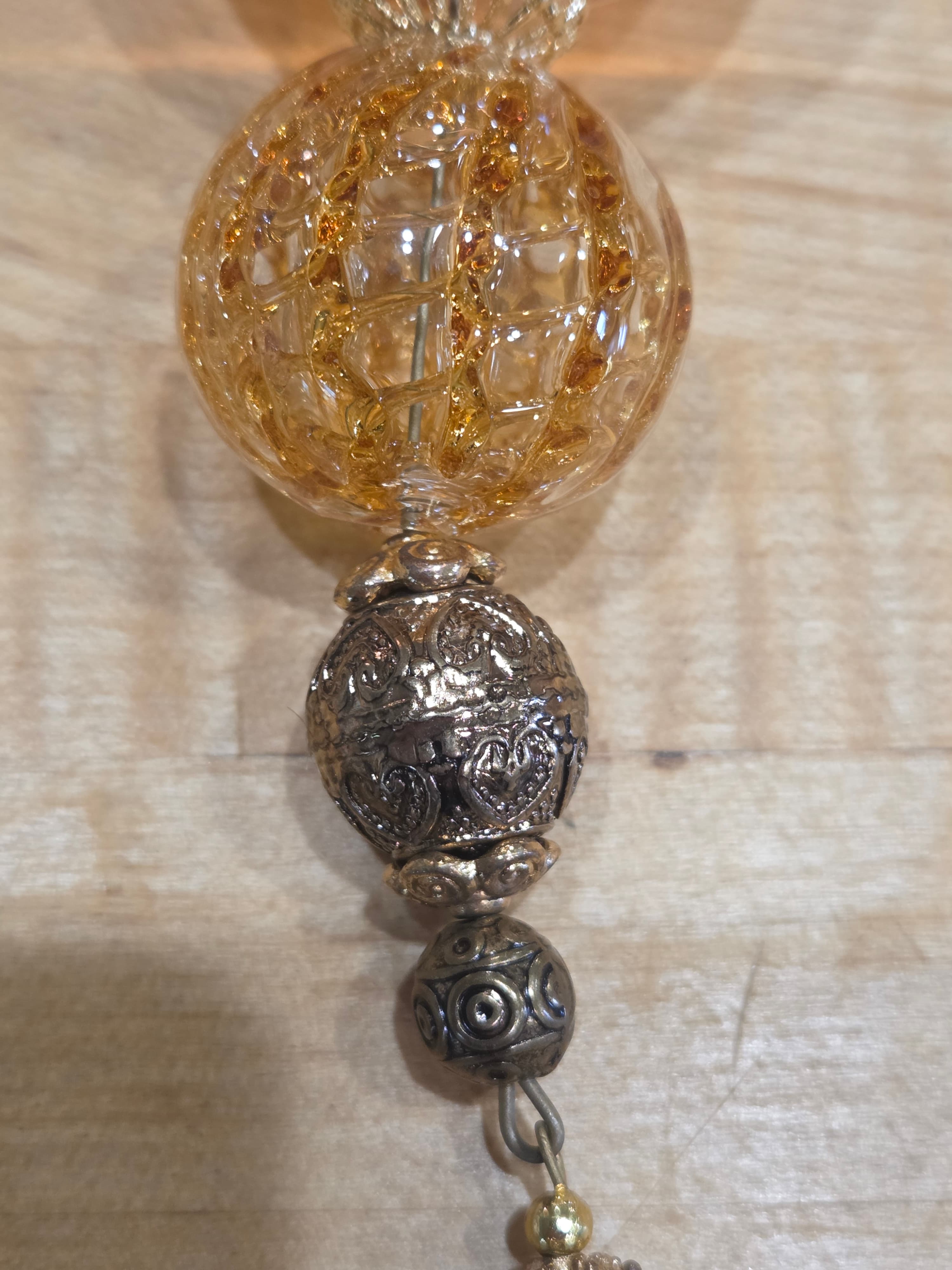 Vintage Amber Glass Beaded Icicle Ornament Metal Filigree Finial Teardrop Drop - Thumbnail 5