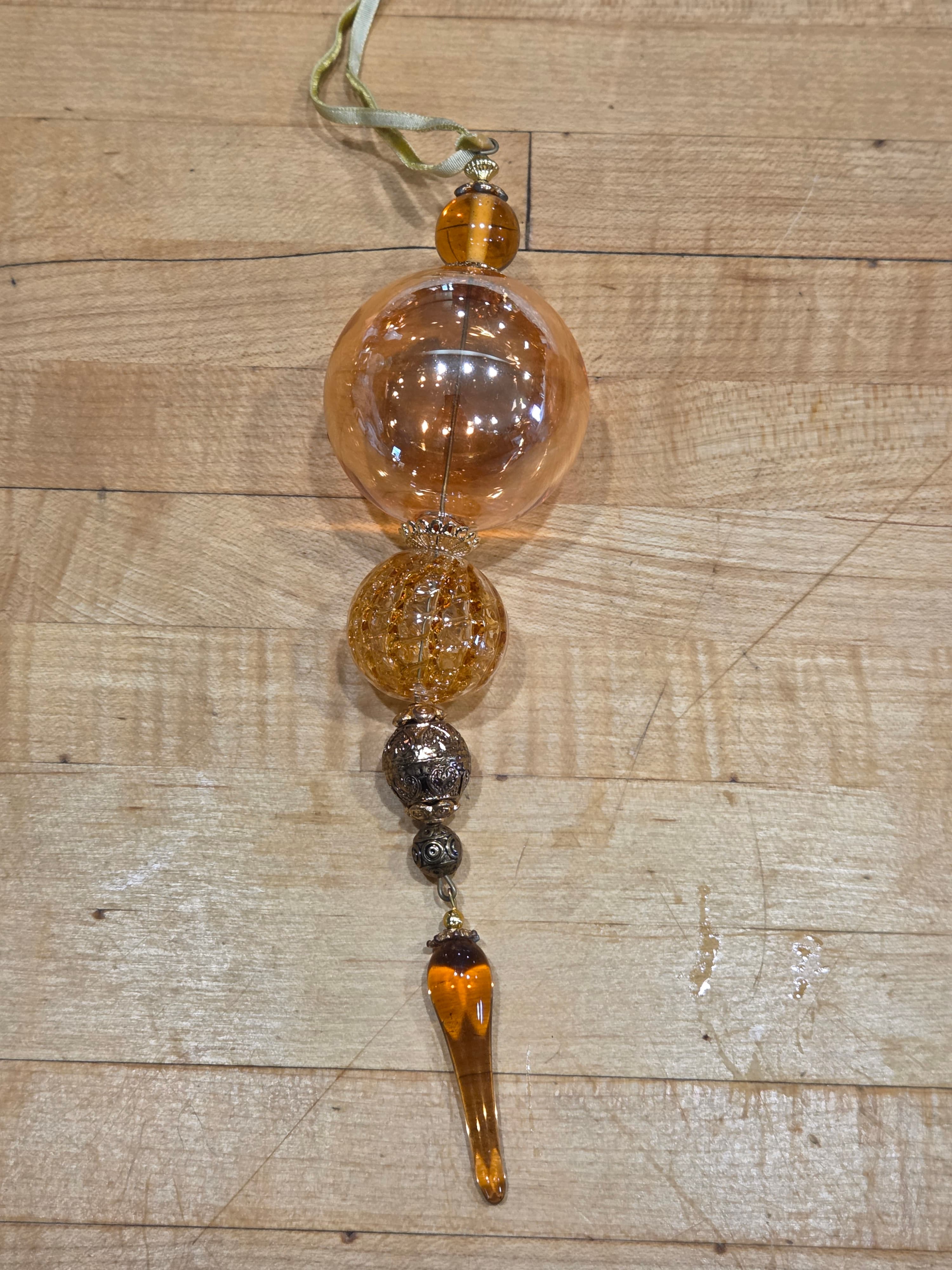 Vintage Amber Glass Beaded Icicle Ornament Metal Filigree Finial Teardrop Drop