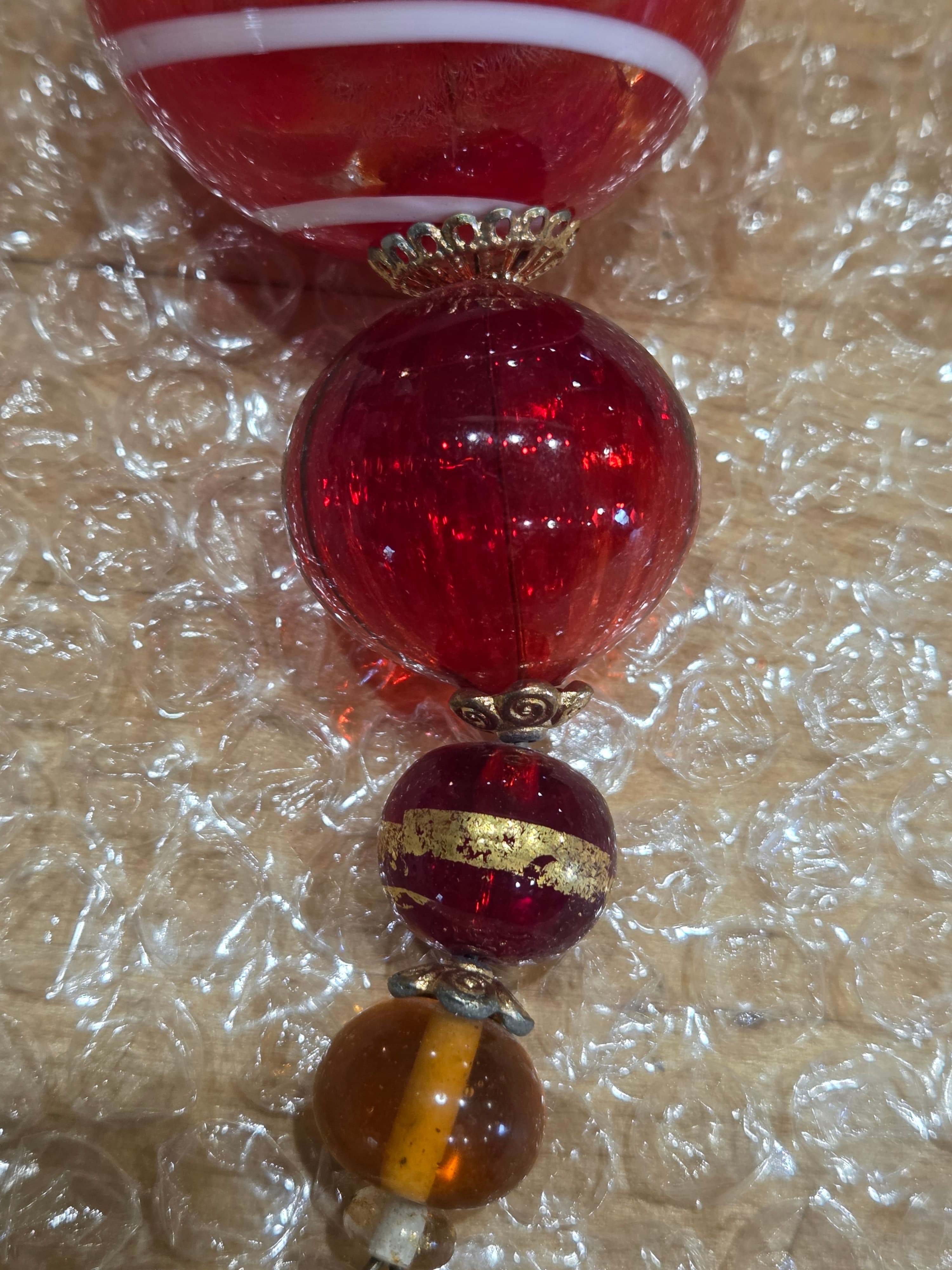 Vintage Murano Style Red Art Glass Striped Pendant Ornament Metal Filigree Heart