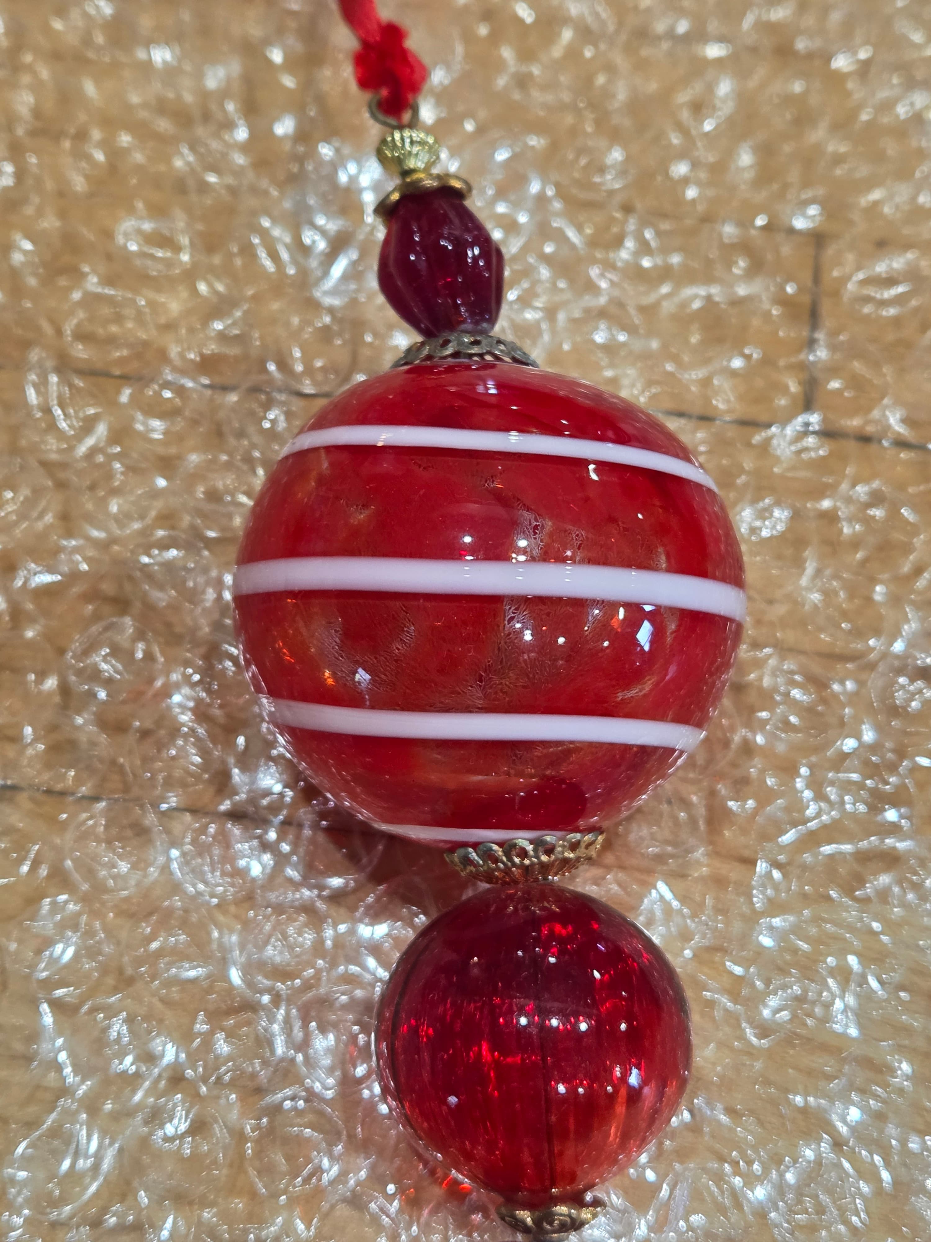 Vintage Murano Style Red Art Glass Striped Pendant Ornament Metal Filigree Heart - Thumbnail 3