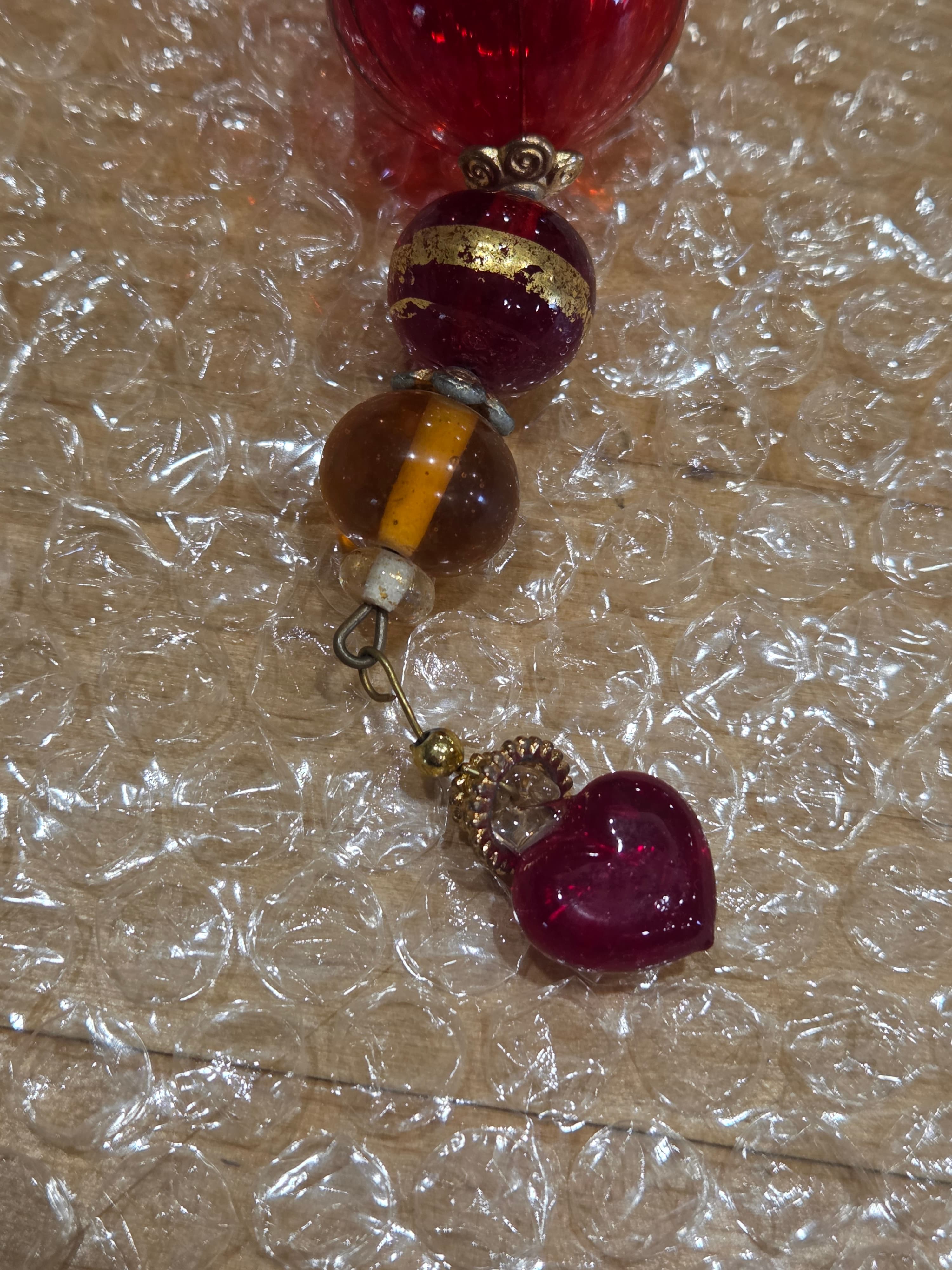 Vintage Murano Style Red Art Glass Striped Pendant Ornament Metal Filigree Heart - Thumbnail 4