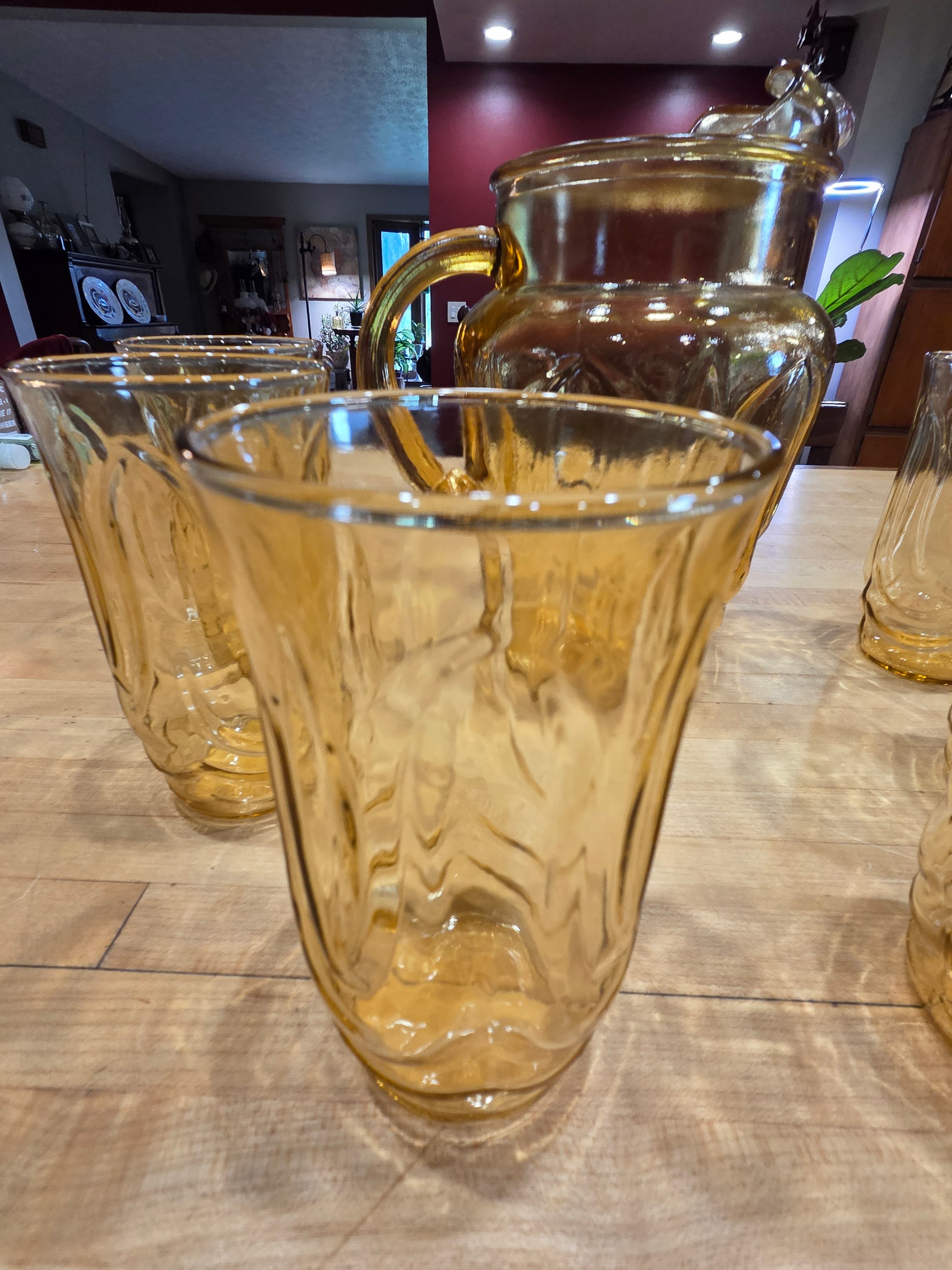 Vintage Indiana Glass Amber Mt Vernon Pitcher and 6 Tumblers Beverage Set - Thumbnail 7