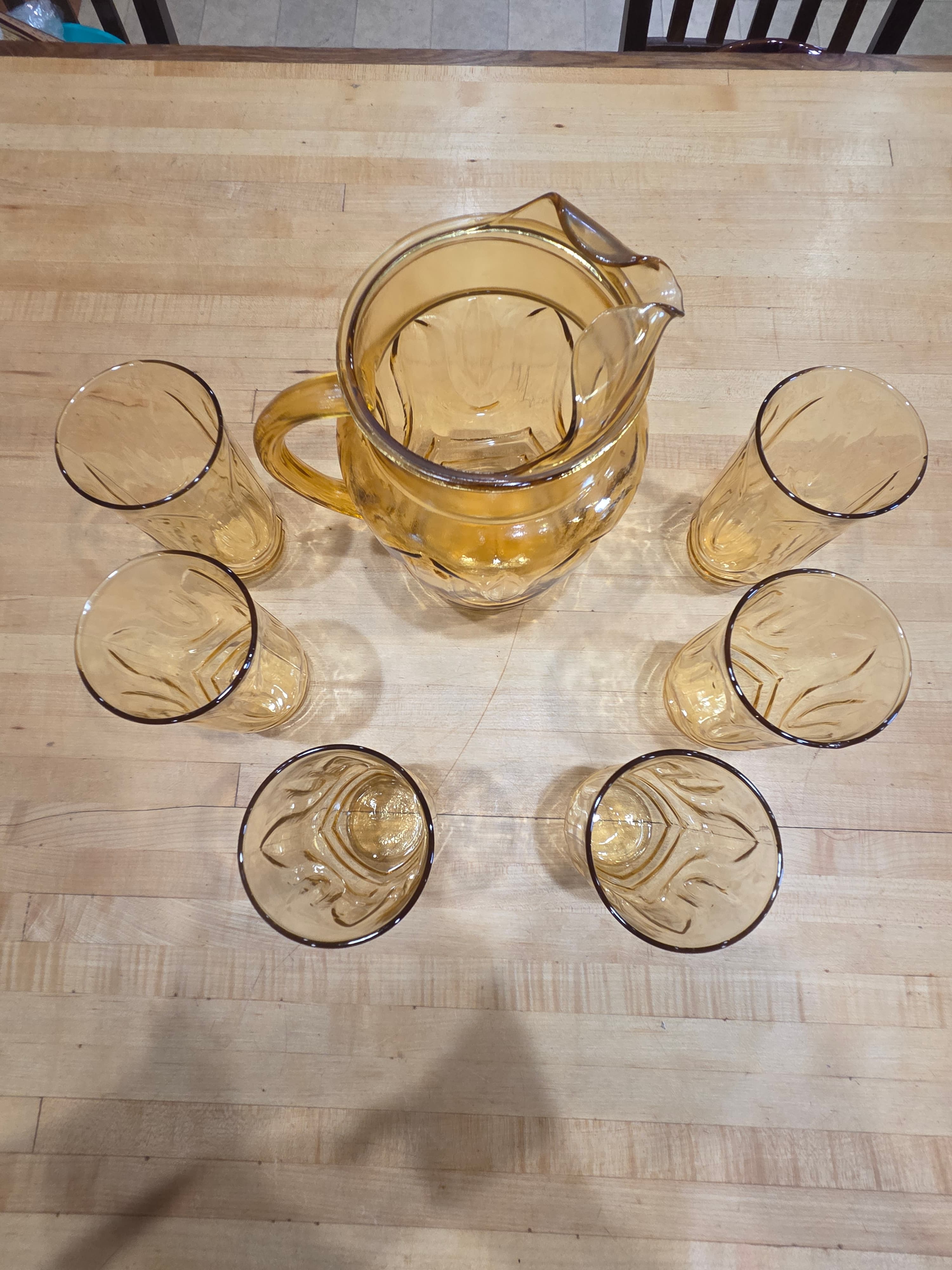 Vintage Indiana Glass Amber Mt Vernon Pitcher and 6 Tumblers Beverage Set - Thumbnail 2