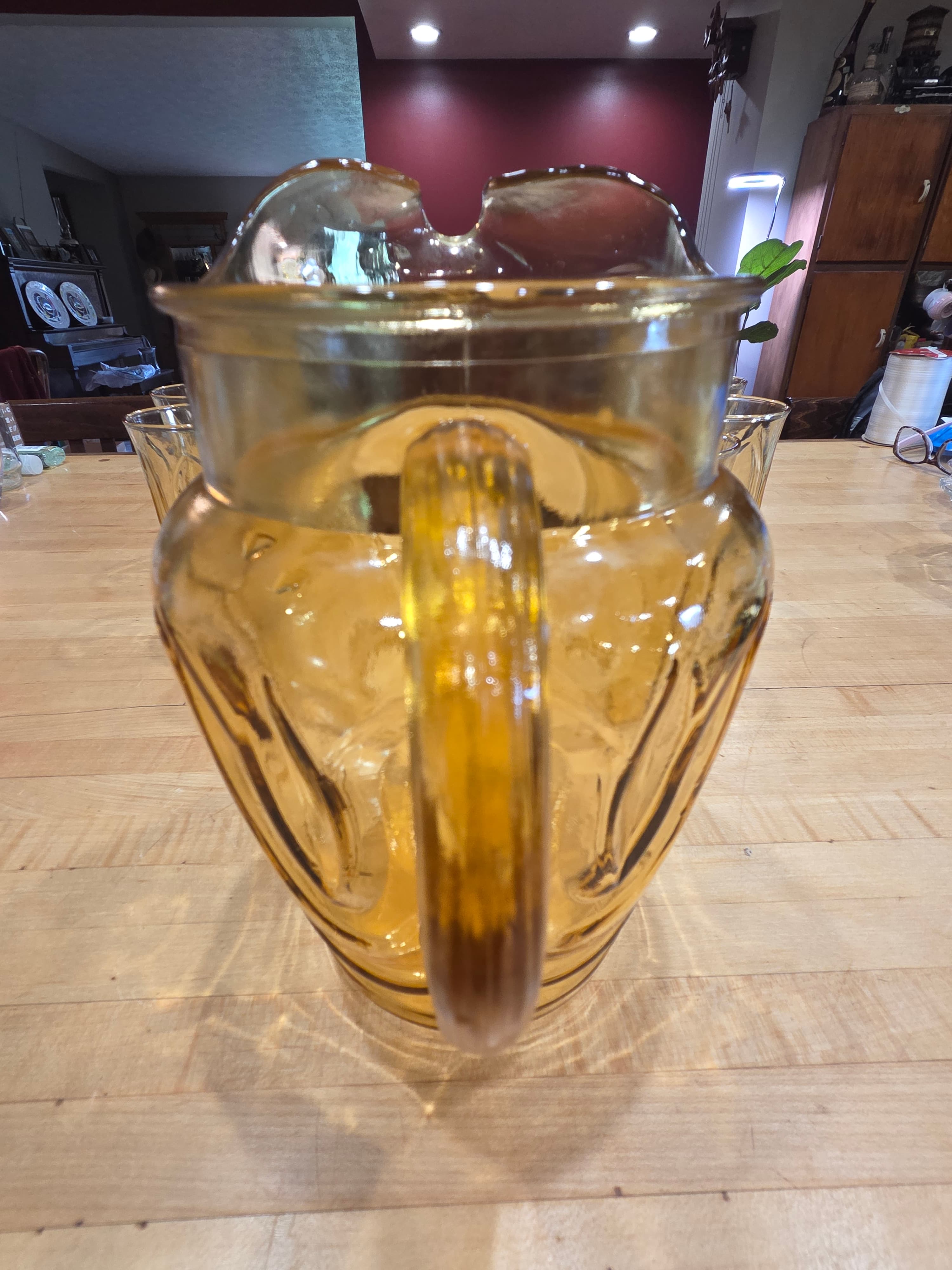 Vintage Indiana Glass Amber Mt Vernon Pitcher and 6 Tumblers Beverage Set - Thumbnail 5