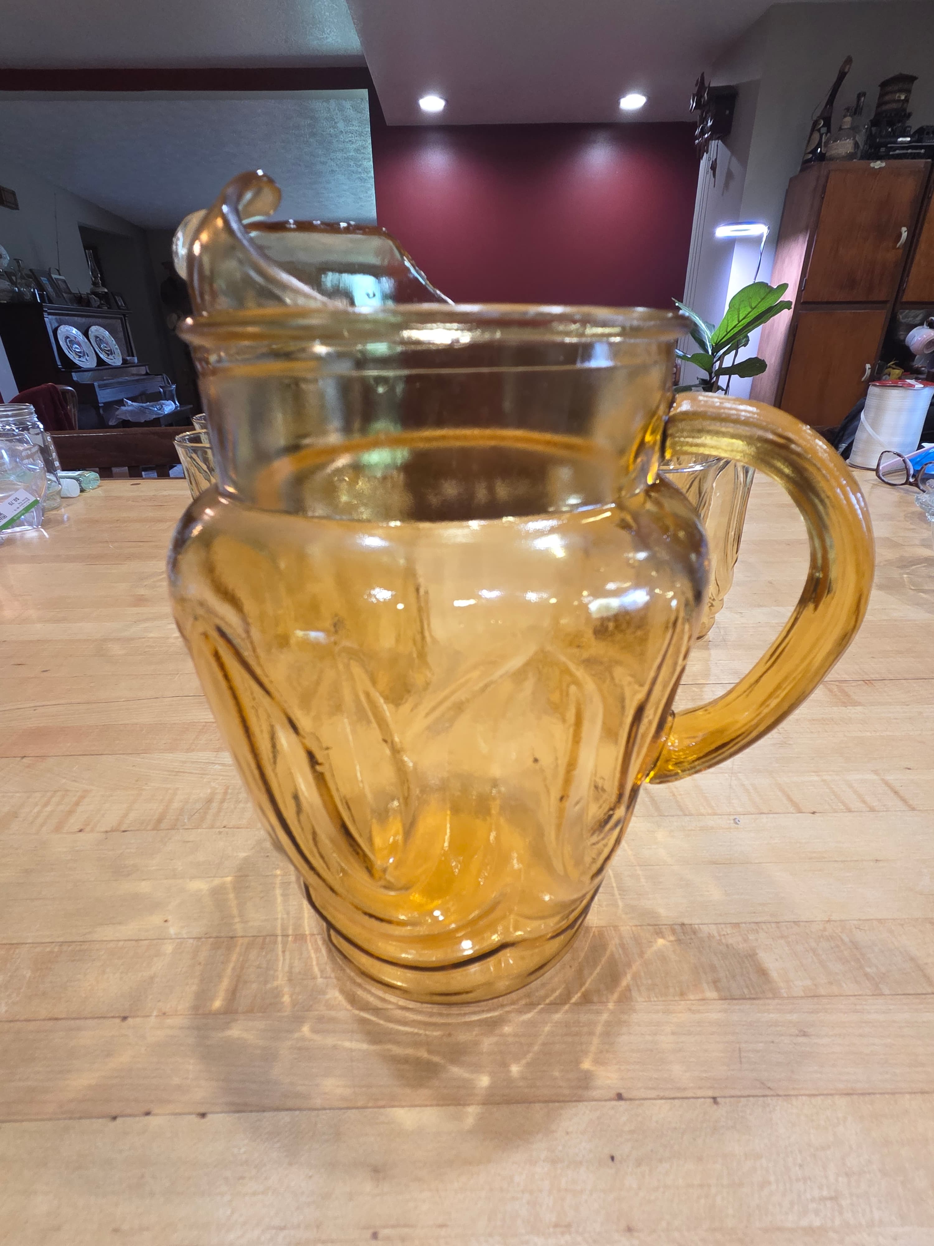 Vintage Indiana Glass Amber Mt Vernon Pitcher and 6 Tumblers Beverage Set - Thumbnail 4