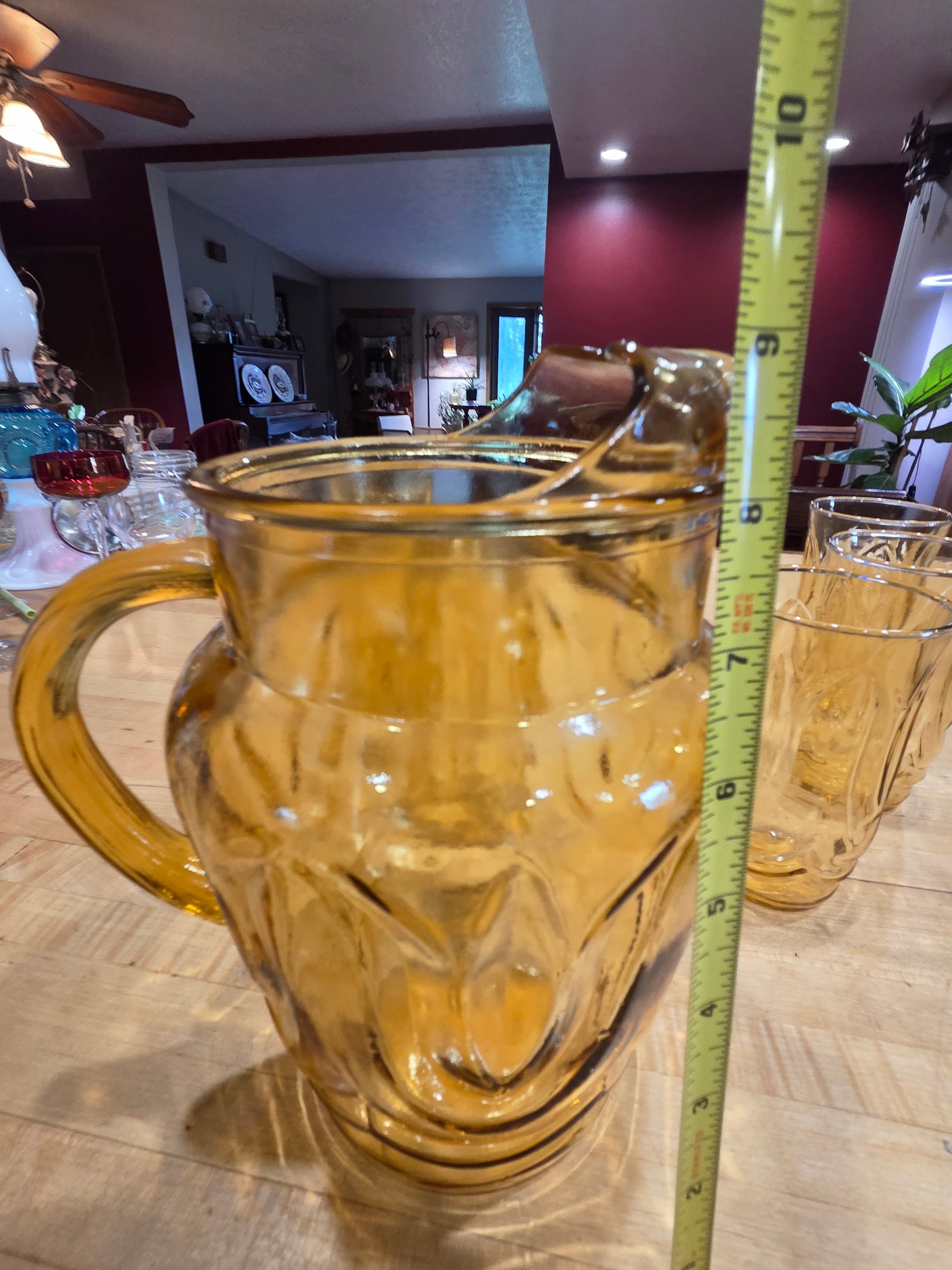Vintage Indiana Glass Amber Mt Vernon Pitcher and 6 Tumblers Beverage Set - Thumbnail 10