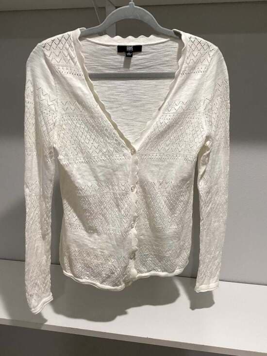 Frye Women's Ivory White Pointelle V-Neck Scalloped Trim Cardigan Sweater Size S - Thumbnail 4