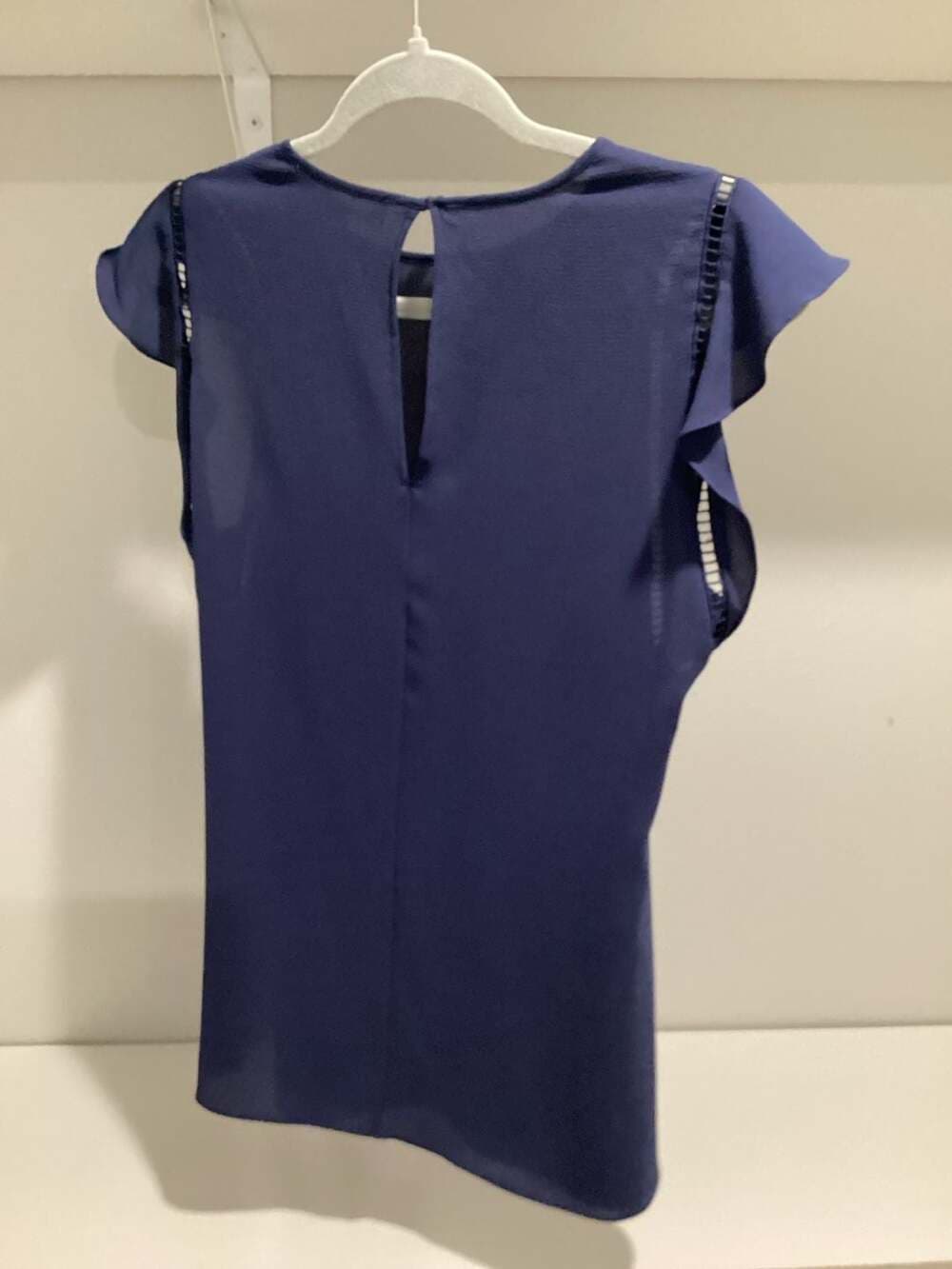 Michael Kors Navy Blue Flutter Sleeve Blouse with Lattice Trim Detail - Thumbnail 2